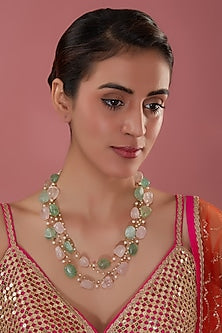 Gold Finish Mint & Pink Tumble Stone Long Necklace