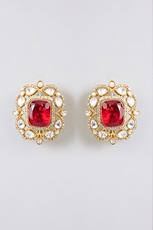 Gold Finish Kundan Polki & Red Stone Stud Earrings