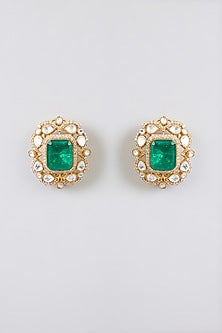 White Finish Kundan Polki & Green Stone Stud Earrings