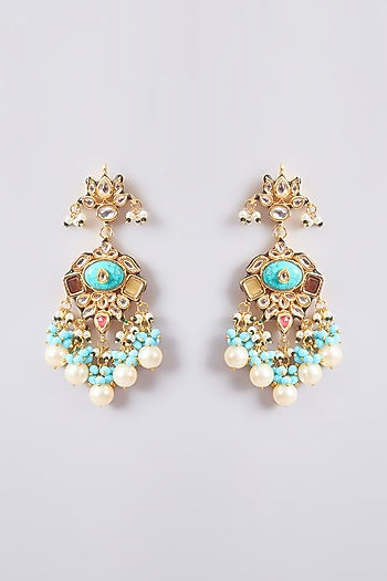 Gold Finish Kundan Polki & Turquoise Beaded Dangler Earrings