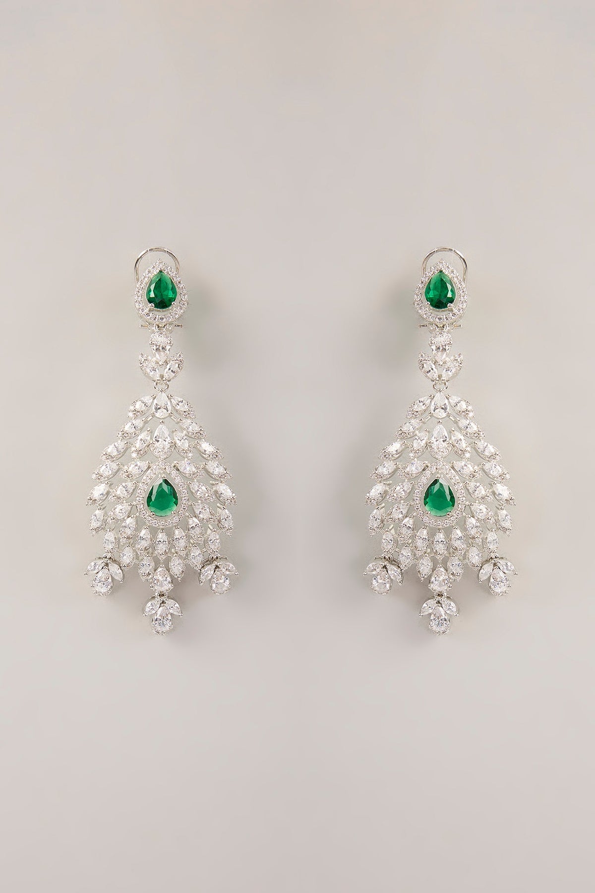 White Finish Green Cubic Zirconia Dangler Earrings With Maangtika