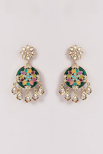 Gold Finish Green Kundan Polki & Stone Dangler Earrings