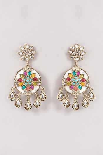 Gold Finish White Kundan Polki & Stone Dangler Earrings