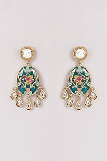 Gold Finish Multi-Colored Kundan Polki & Stone Dangler Earrings