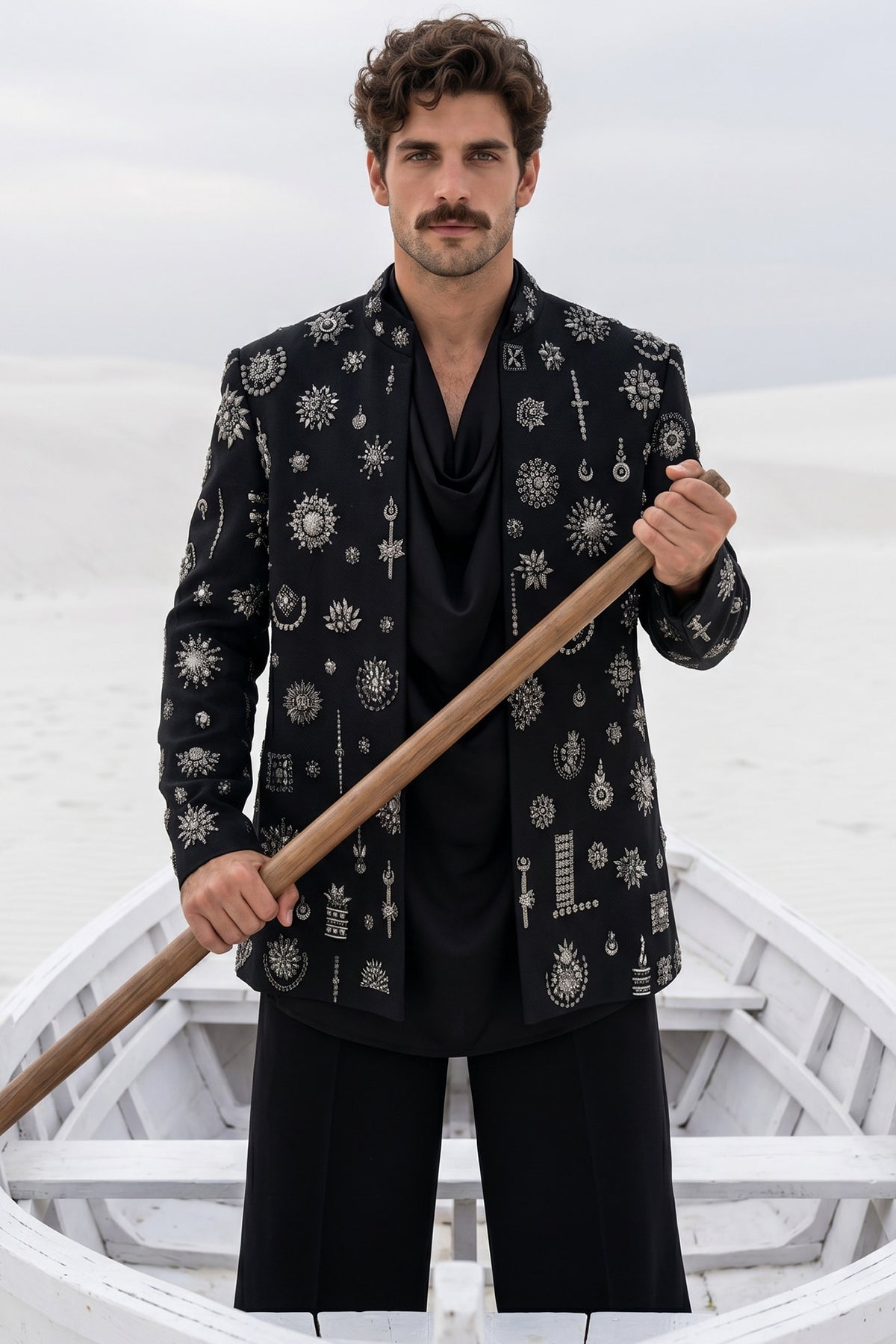 Black Herringbone Knit Motifs Embroidered Indowestern Set