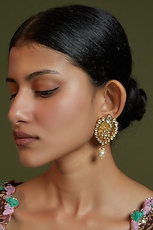 Gold Finish Kundan Polki & Pearl Dangler Earrings In Sterling Silver