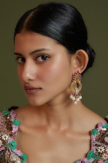 Gold Finish Pink Onyx & Freshwater Pearl Dangler Earrings In Sterling Silver