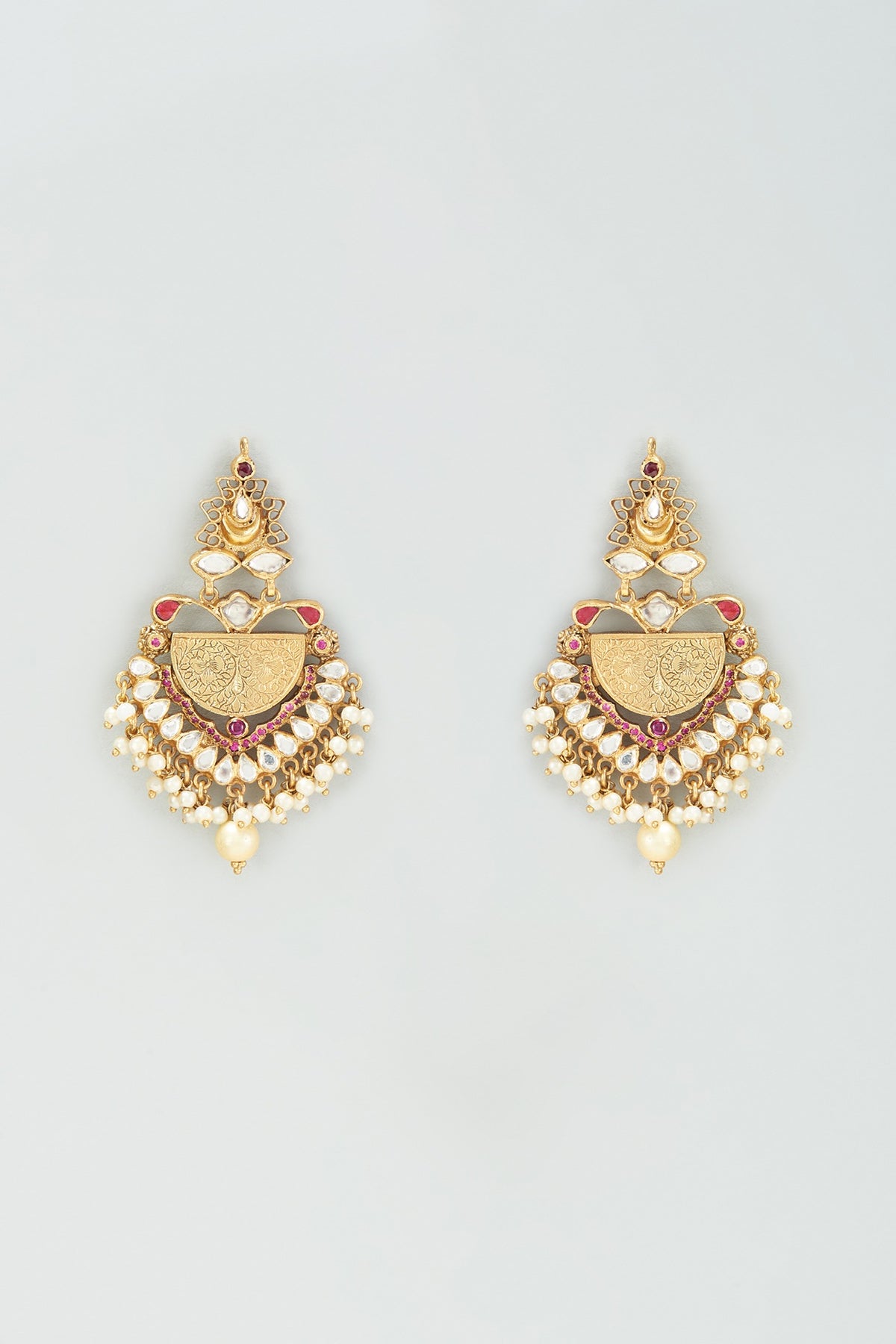 Gold Finish Kundan Polki & Red Onyx Dangler Earrings In Sterling Silver