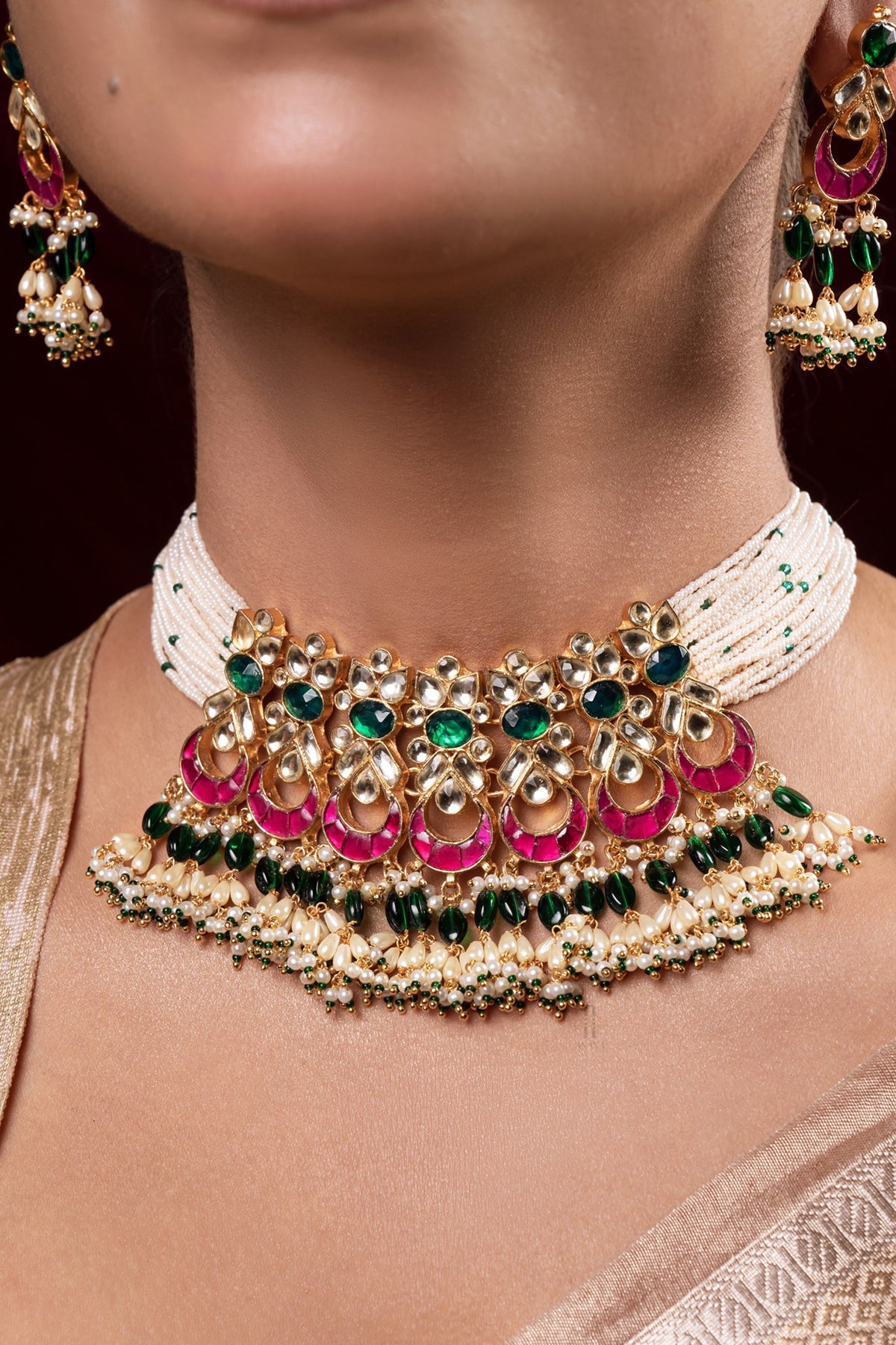 Gold Finish Kundan Polki Choker Necklace Set