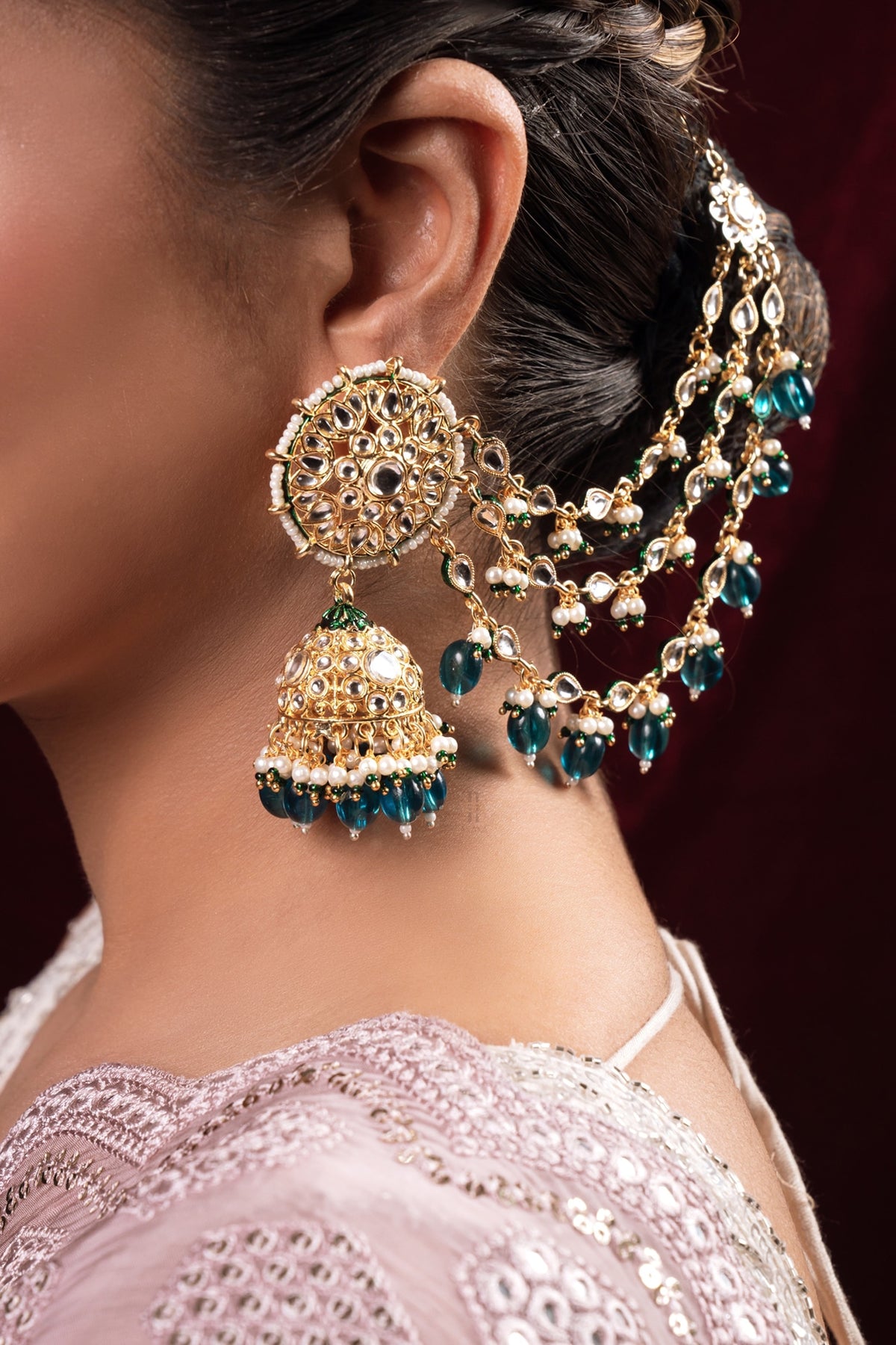 Gold Finish Kundan Polki Jhumka Earrings