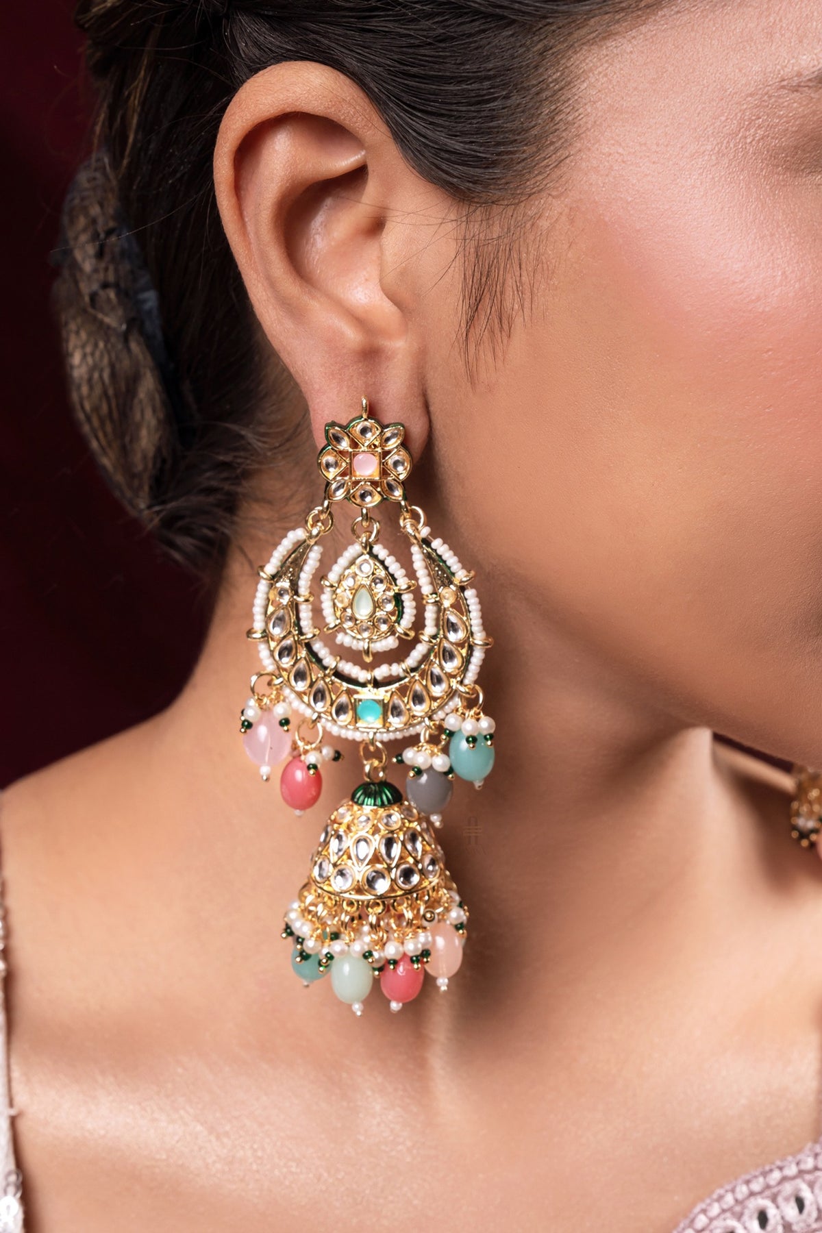 Gold Finish Kundan Polki Jhumka Earrings With Maangtikka