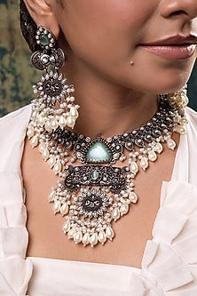 Silver Finish Aqua Stone & Beaded Necklace Set