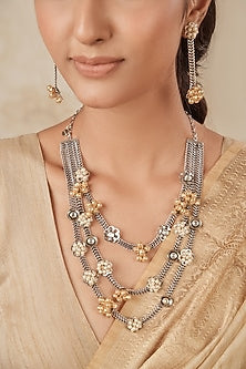 Two-Tone Finish Pearl & Peach Stone Long Temple Necklace Set
