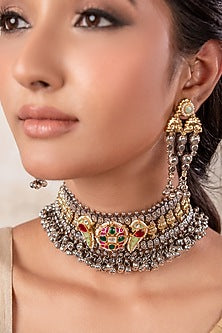 Two-Tone Finish Beaded & Ruby Stone Choker Necklace Set