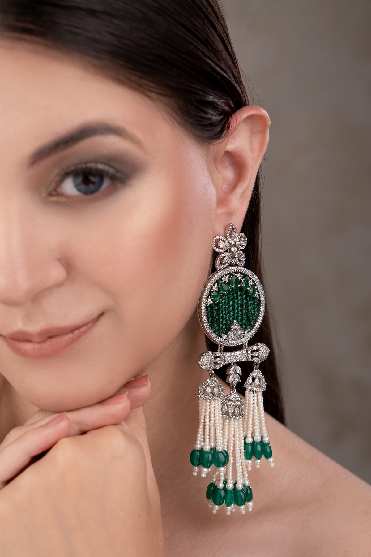 White Finish Zircon & Emerald Stone Dangler Earrings