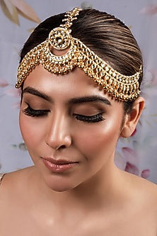 Gold Finish Kundan Polki & Pearl Beaded Mathapatti