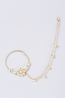 Gold Finish Nose Ring With Pearl Side Chains