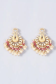 Gold Finish Pearl & Kundan Polki Chandbali Earrings