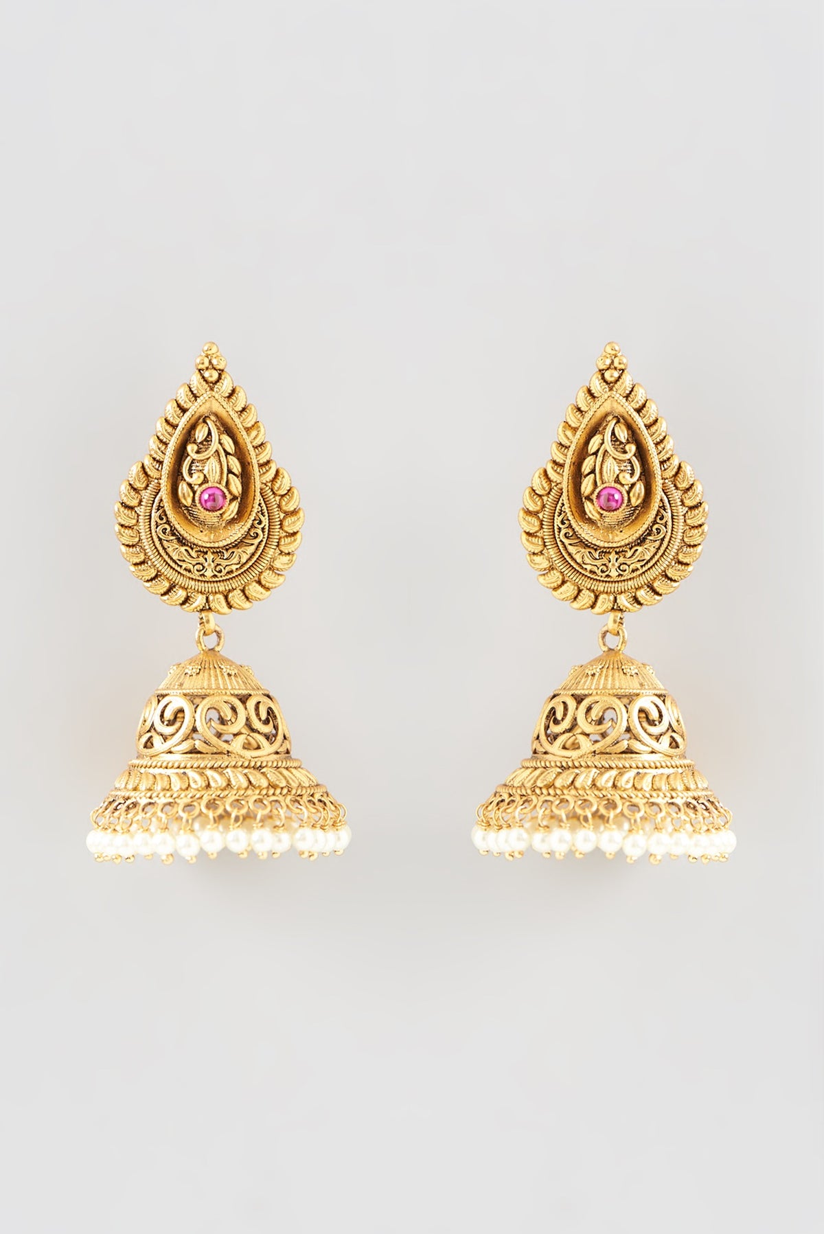Gold Finish Temple Jhumka Earrings