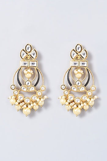 Gold Finish Kundan Polki & Pearl Chandbaali Earrings
