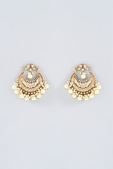 Gold Finish Kundan Polki & Pearl Chandbali Earrings