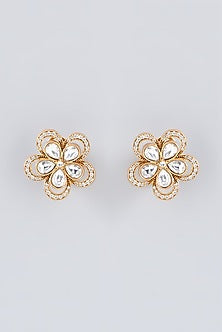 Gold Finish Kundan Polki Floral Stud Earrings