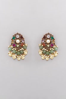 Gold Finish Kundan Polki & Green Agate Chandbaali Earrings