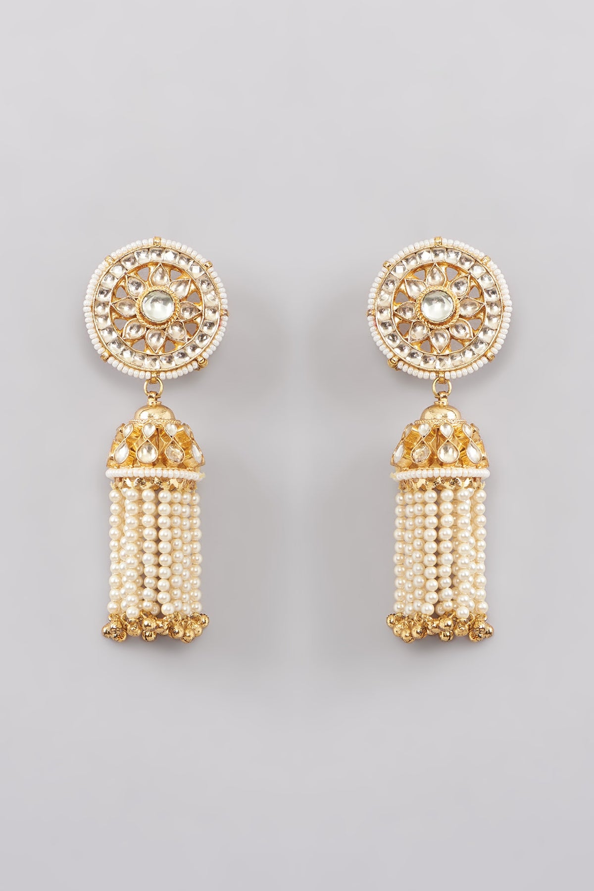 Gold Finish Kundan Polki & Pearl Jhumka Earrings