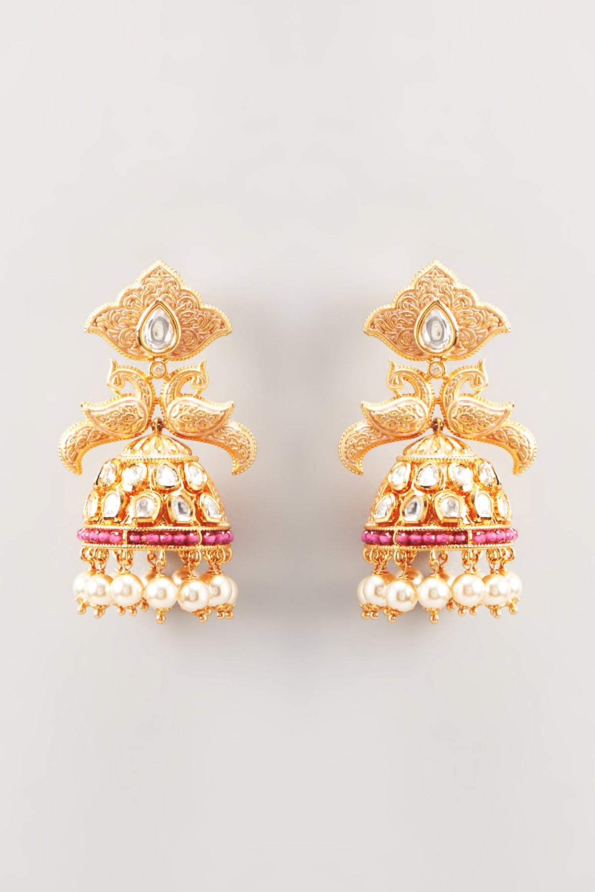 Gold Finish Ruby Stone & Pearl Dangler Earrings