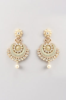 Gold Finish Kundan Polki Enamelled Chandbaali Earrings