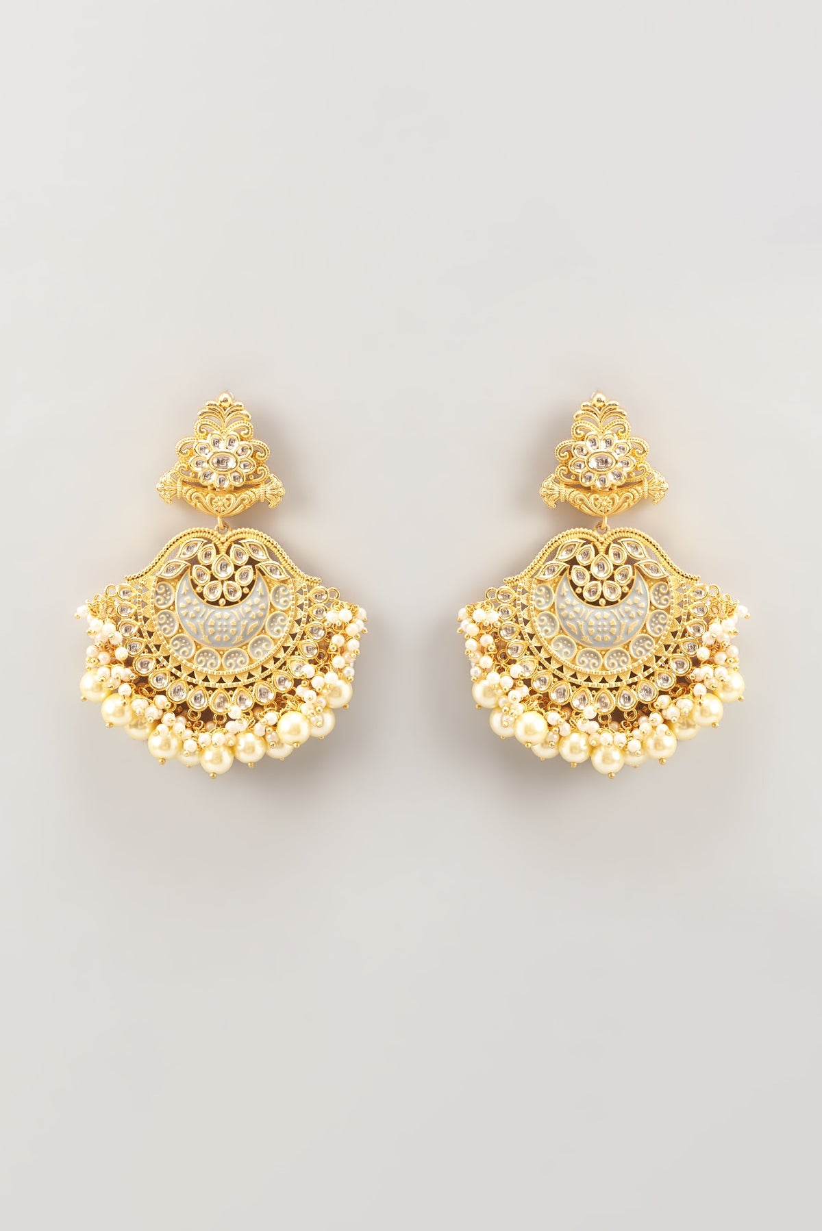 Gold Finish Kundan Polki Enamelled Chandbaali Earrings
