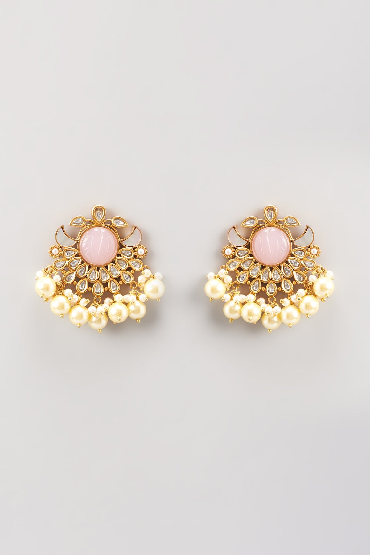 Gold Finish Pink Stone & Pearl Drop Dangler Earrings