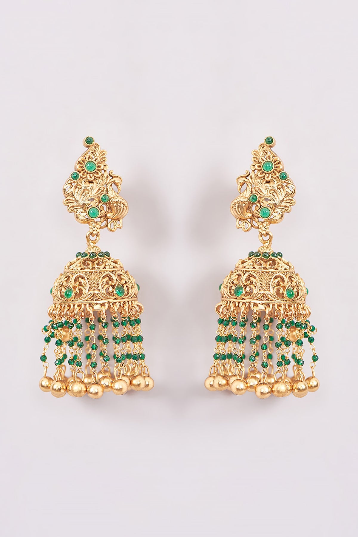 Gold Plated Green Stone & Pearl Jhumka Earrings