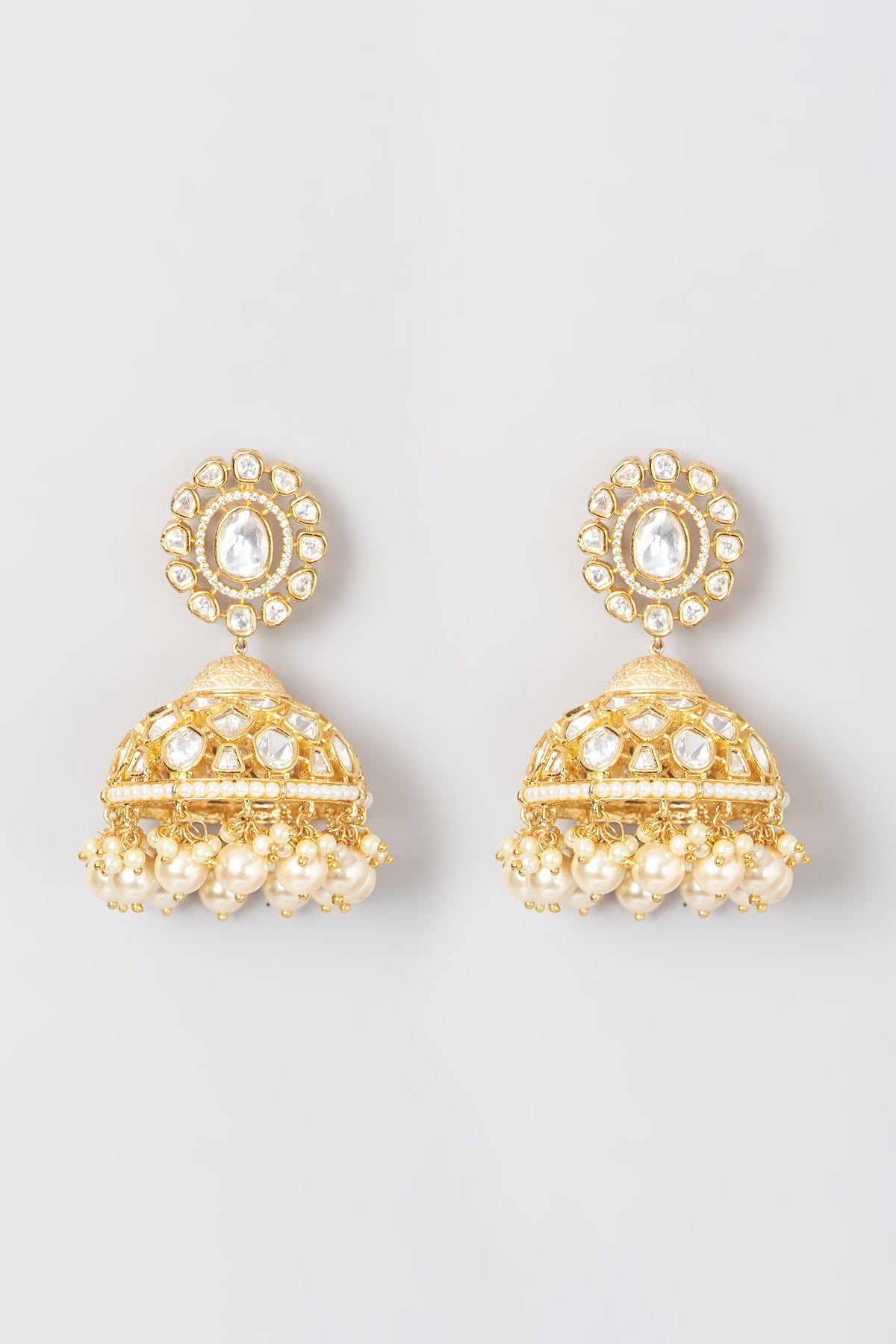 Gold Finish Kundan Polki & Pearl Jhumka Earrings