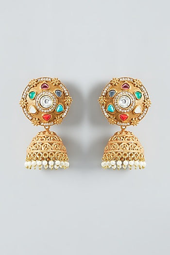 Gold Finish Kundan & Navratna Jhumka Earrings
