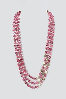 Gold Finish Crystal Beads & Pearls Long Necklace