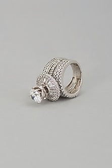 White Rhodium Finish Cubic Zirconia Large Solitaire Cocktail Ring