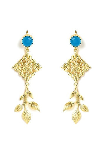 Gold Finish Floral Jaali Stone Dangler Earrings