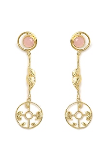 Gold Finish Leaf Motif Stone Dangler Earrings