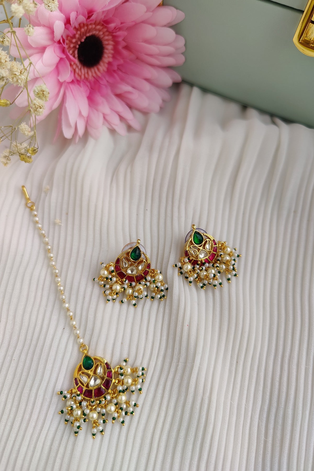 Micro Gold Plated Pachi Kundan & Ruby Choker Necklace Set