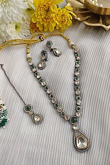 Black Rhodium Finish Kundan Polki & Zirconia Long Necklace Set