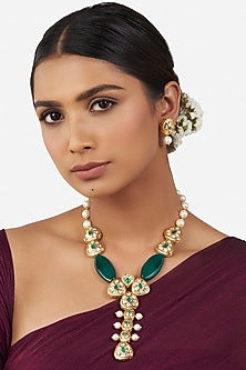 Gold Finish Green Agate Stone Necklace Set