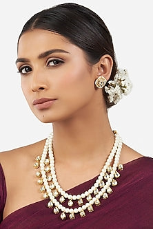 Gold Finish Shell Pearl Layered Necklace Set