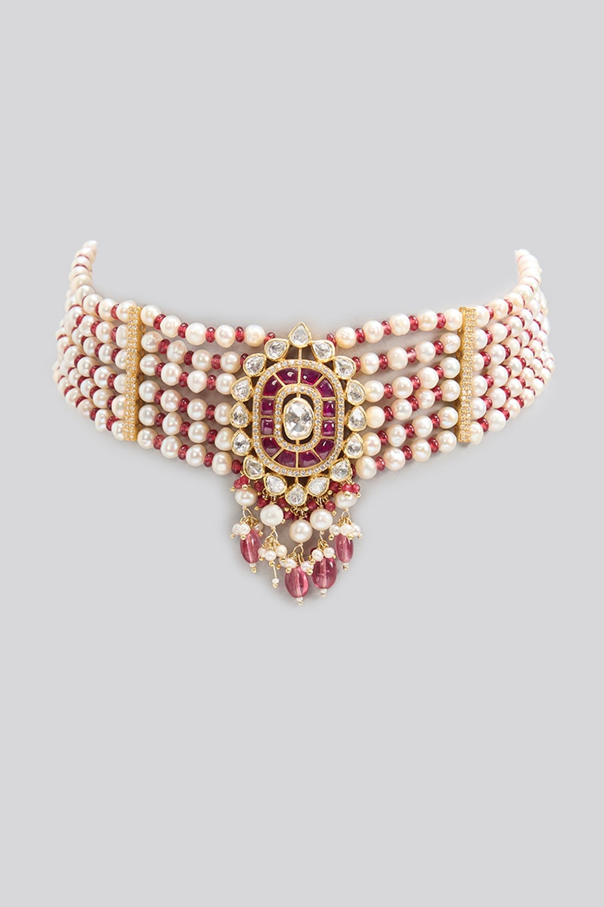 Gold Finish Kundan Polki & Freshwater Pearl Choker Necklace In Sterling Silver