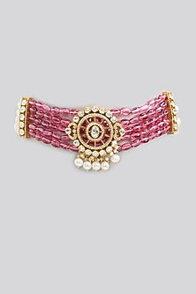 Gold Finish Kundan Polki & Ruby Stone Necklace In Sterling Silver