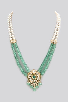 Gold Finish Kundan Polki & Emerald Stone Long Necklace In Sterling Silver
