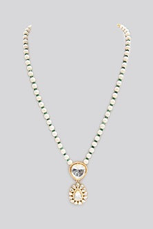 Gold Finish Kundan Polki & Pearl Long Necklace In Sterling Silver