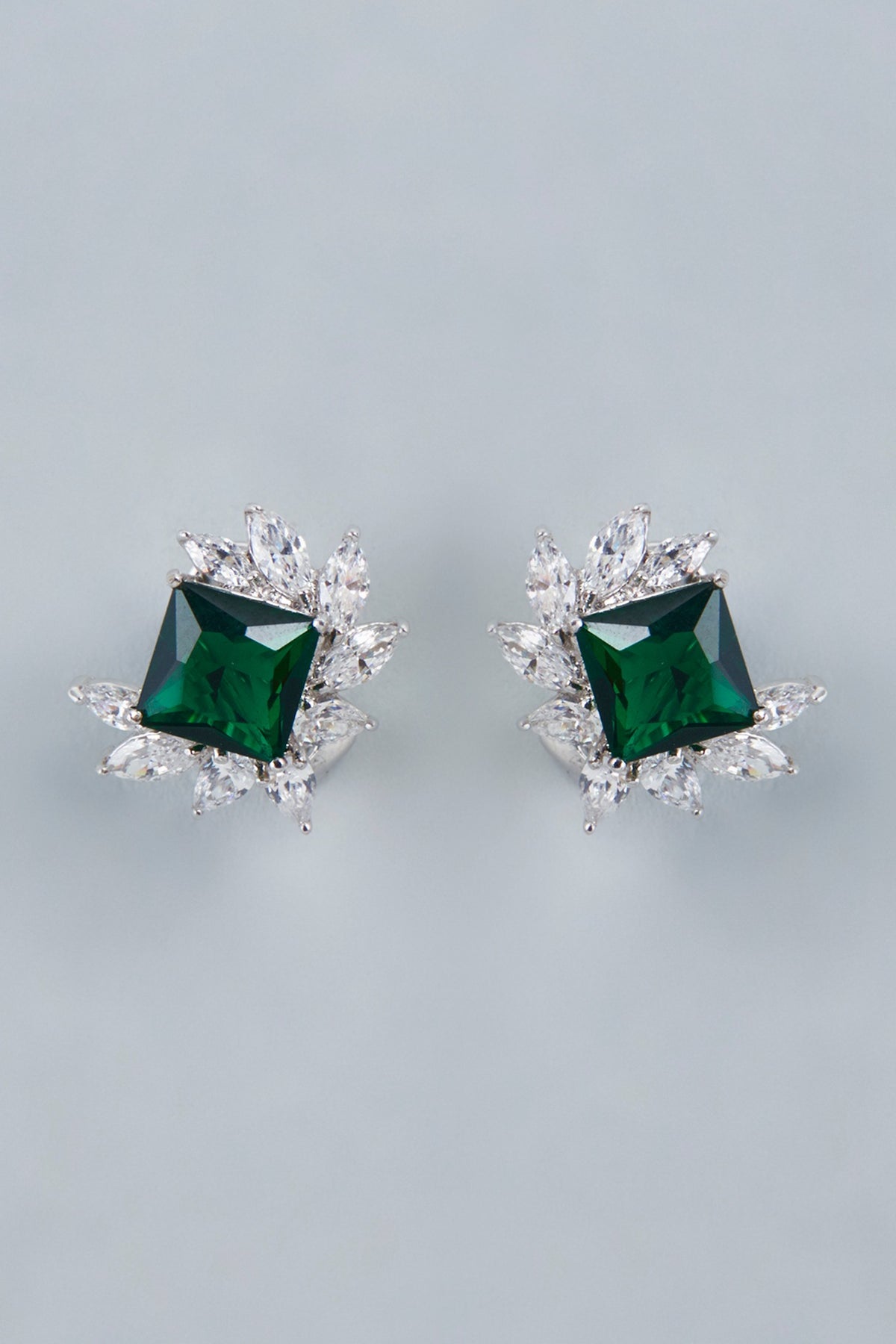 White Finish Green Swarovski Stud Earrings In Sterling Silver