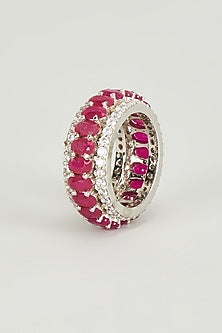 White Finish Swarovski Crystals & Ruby Red Oval Stones Ring In Sterling Silver