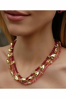 Gold Finish Pink Jade Beaded Necklace